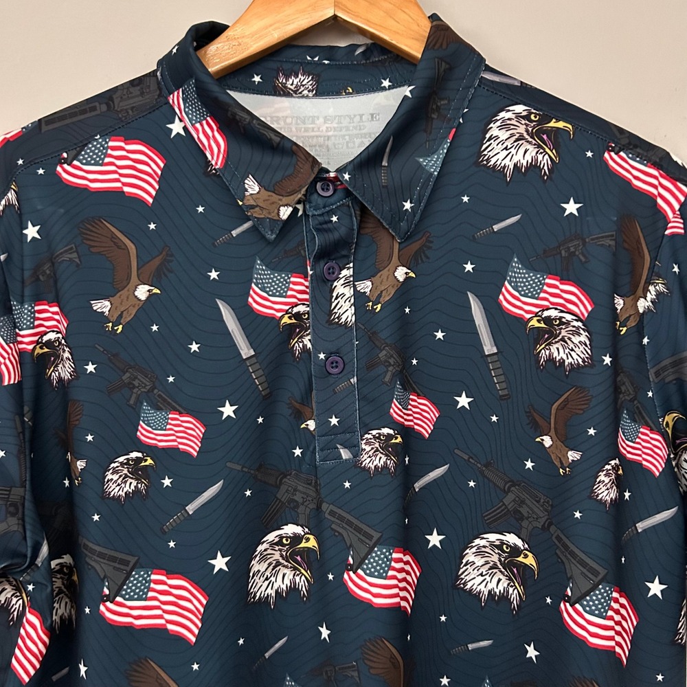 Grunt Style Polo Shirt Mens‎ L Navy Blue Patriotic Eagle Flag Rifle Performance